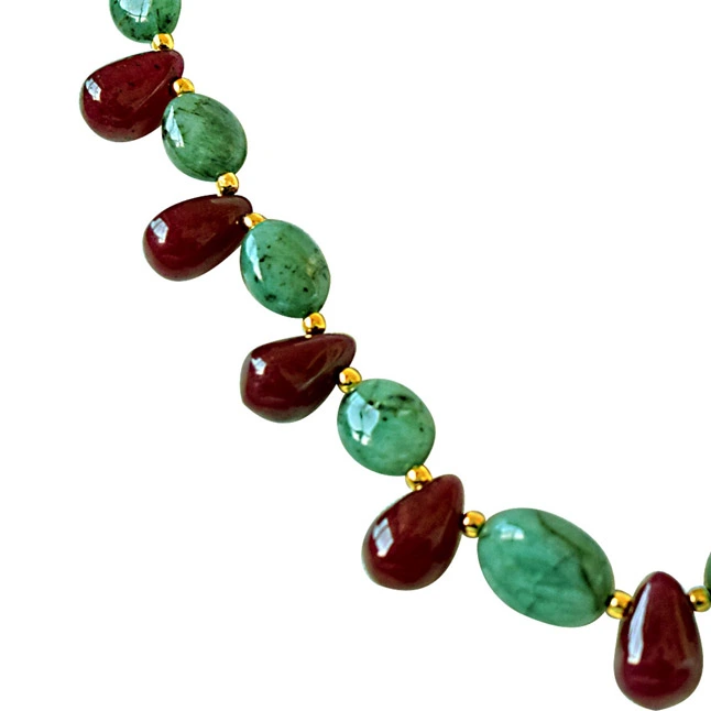 Real Oval Green Emerald & Drop Red Ruby & Gold Plated Beads Necklace with Dangling Earrings (SN675)