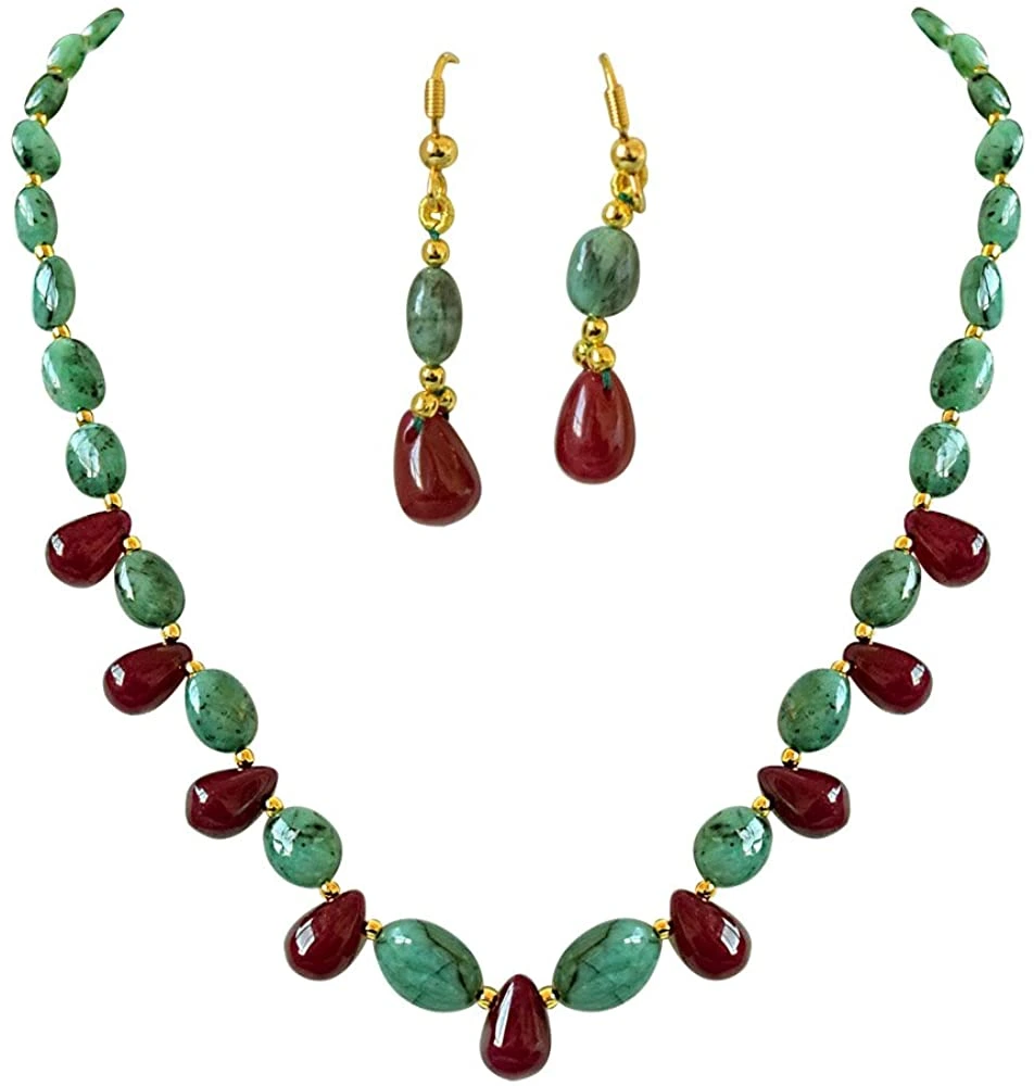 Real Oval Green Emerald & Drop Red Ruby & Gold Plated Beads Necklace with Dangling Earrings (SN675)