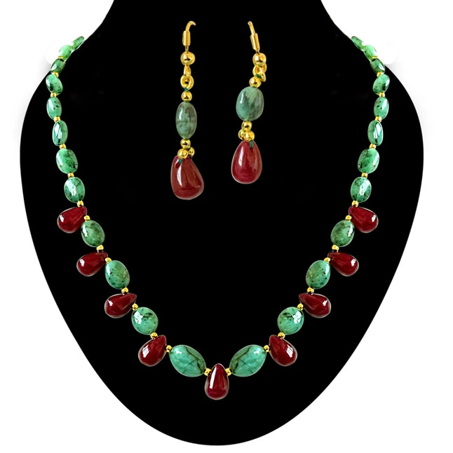 Real Oval Green Emerald & Drop Red Ruby & Gold Plated Beads Necklace with Dangling Earrings (SN675)