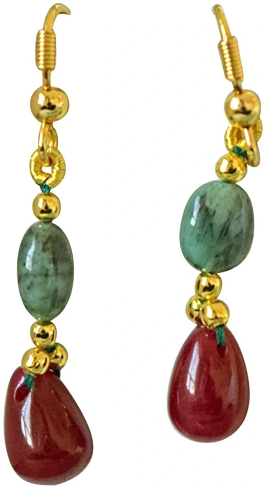 Real Oval Green Emerald & Drop Red Ruby & Gold Plated Beads Necklace with Dangling Earrings (SN675)
