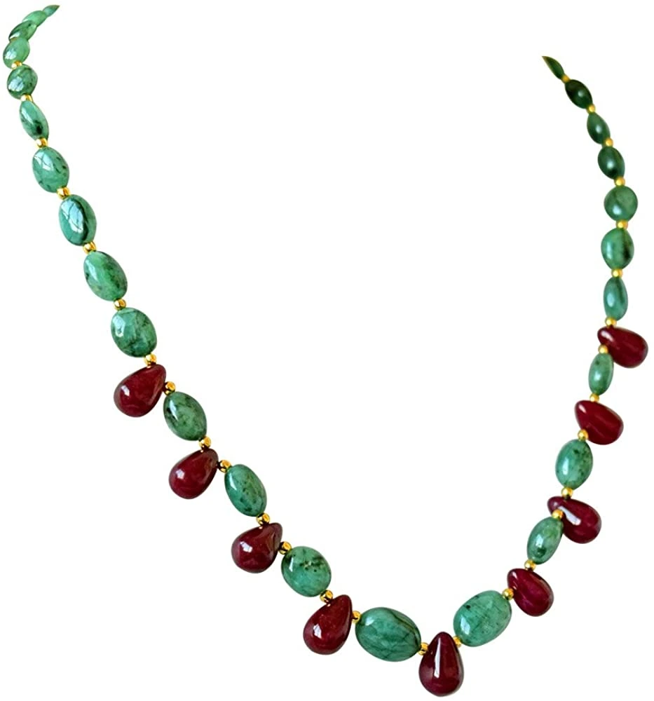 Real Oval Green Emerald & Drop Red Ruby & Gold Plated Beads Necklace with Dangling Earrings (SN675)