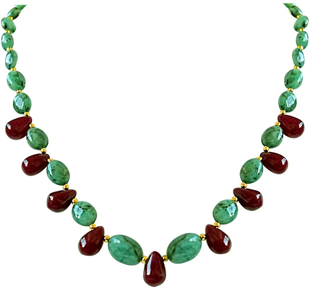 Real Oval Green Emerald & Drop Red Ruby & Gold Plated Beads Necklace with Dangling Earrings (SN675)