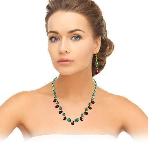 Real Oval Green Emerald & Drop Red Ruby & Gold Plated Beads Necklace with Dangling Earrings (SN675)