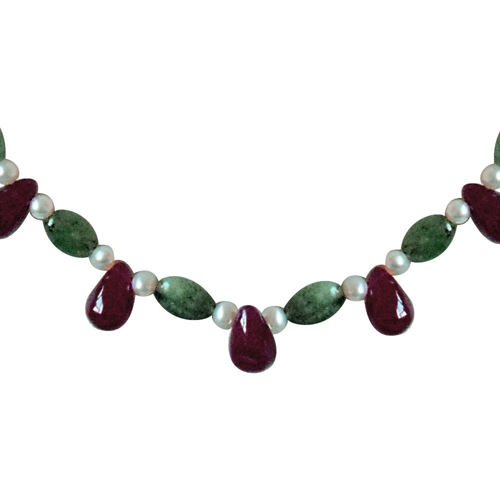 Real Drop Ruby, Oval Emerald & Freshwater Pearl Necklace Earring Set (SN678)