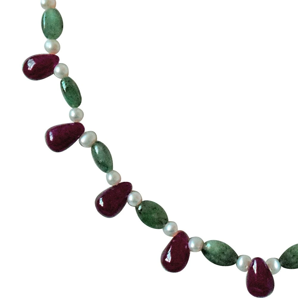 Real Drop Ruby, Oval Emerald & Freshwater Pearl Necklace Earring Set (SN678)