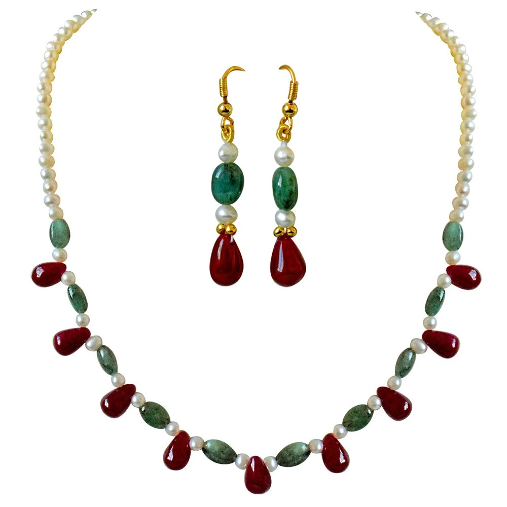 Real Drop Ruby, Oval Emerald & Freshwater Pearl Necklace Earring Set (SN678)