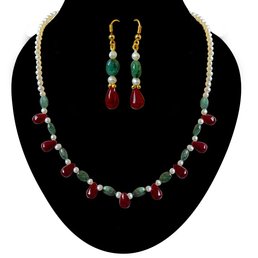 Real Drop Ruby, Oval Emerald & Freshwater Pearl Necklace Earring Set (SN678)