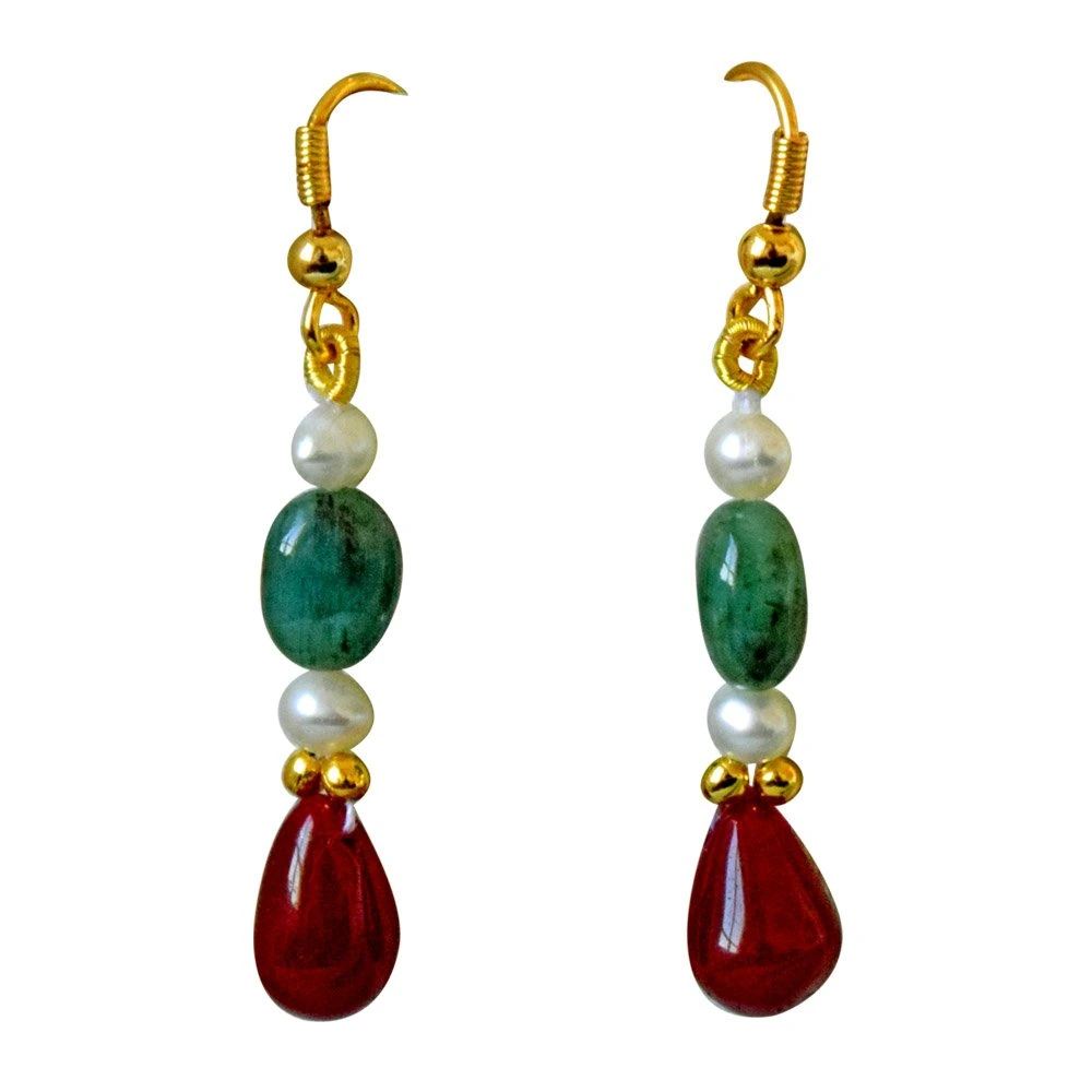 Real Drop Ruby, Oval Emerald & Freshwater Pearl Necklace Earring Set (SN678)