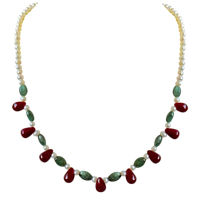 Real Drop Ruby, Oval Emerald & Freshwater Pearl Necklace Earring Set (SN678)