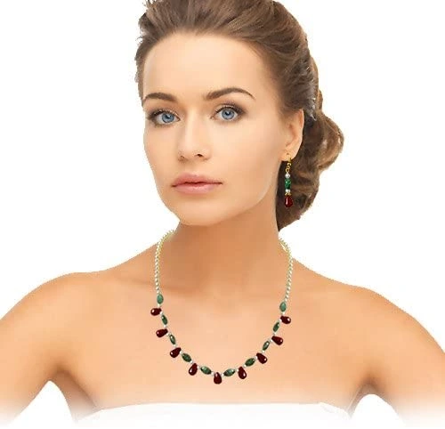 Real Drop Ruby, Oval Emerald & Freshwater Pearl Necklace Earring Set (SN678)