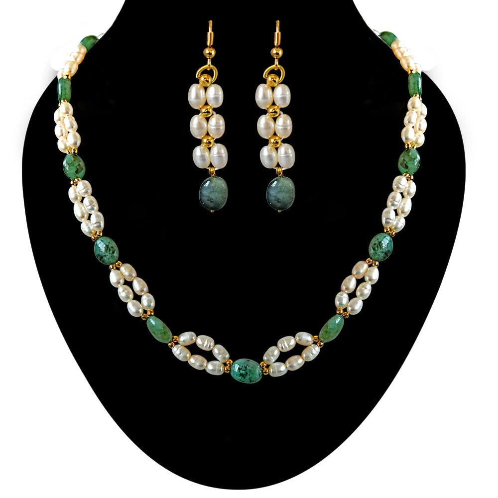 Real Natural Oval Emerald, Rice Pearl & Gold Plated Beads Necklace & Earring Set for Women (SN681)