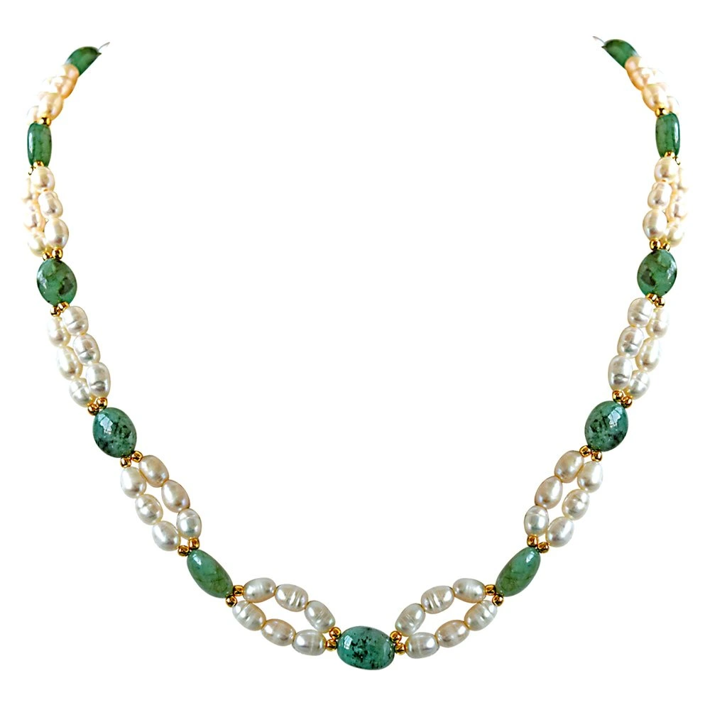 Real Natural Oval Emerald, Rice Pearl & Gold Plated Beads Necklace & Earring Set for Women (SN681)