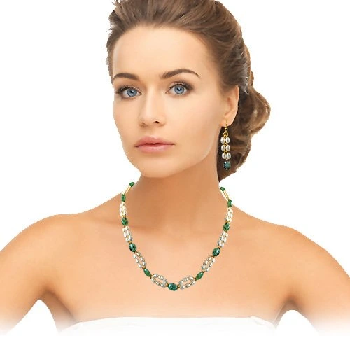 Real Natural Oval Emerald, Rice Pearl & Gold Plated Beads Necklace & Earring Set for Women (SN681)