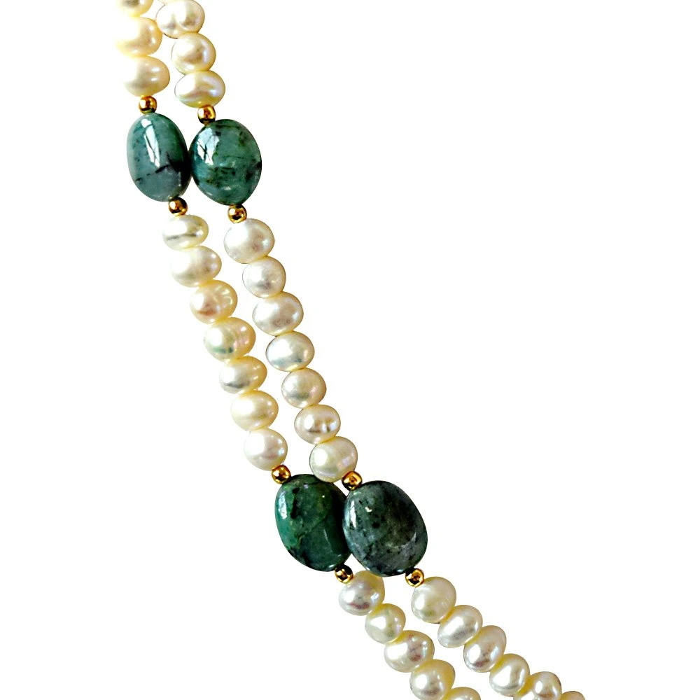 Real Oval Green Emerald & Freshwater Pearl 2 Line Necklace & Hanging Earring Set for Women (SN682)