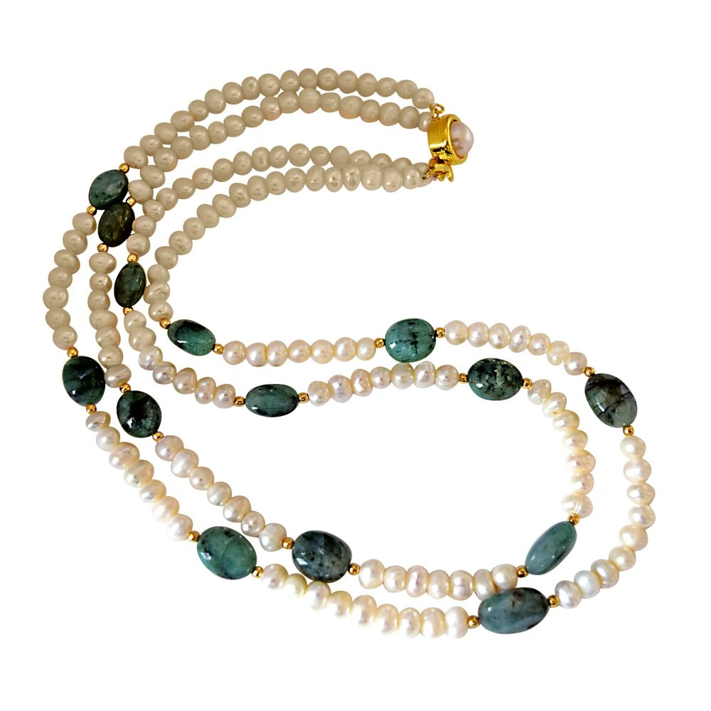 Real Oval Green Emerald & Freshwater Pearl 2 Line Necklace & Hanging Earring Set for Women (SN682)