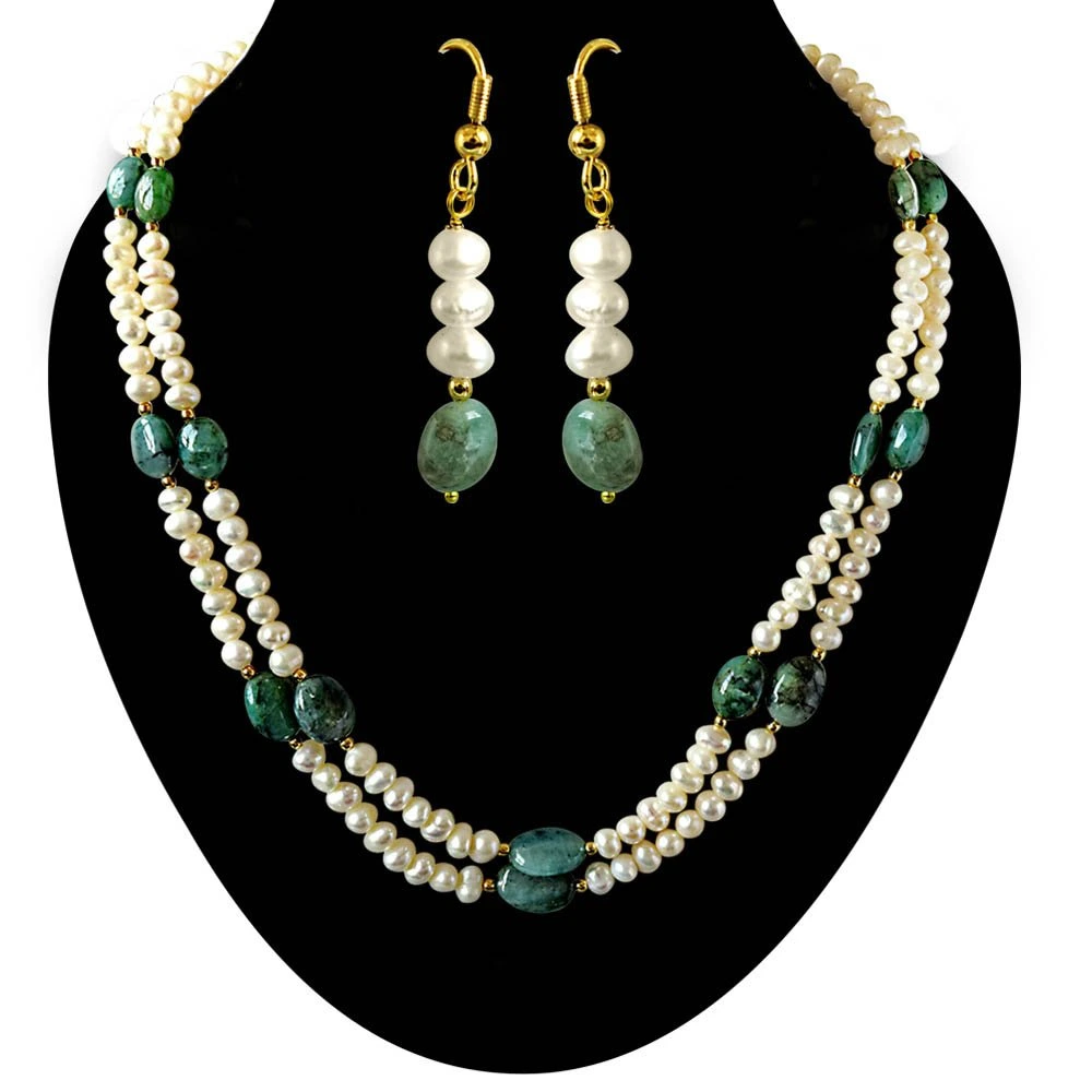 Real Oval Green Emerald & Freshwater Pearl 2 Line Necklace & Hanging Earring Set for Women (SN682)