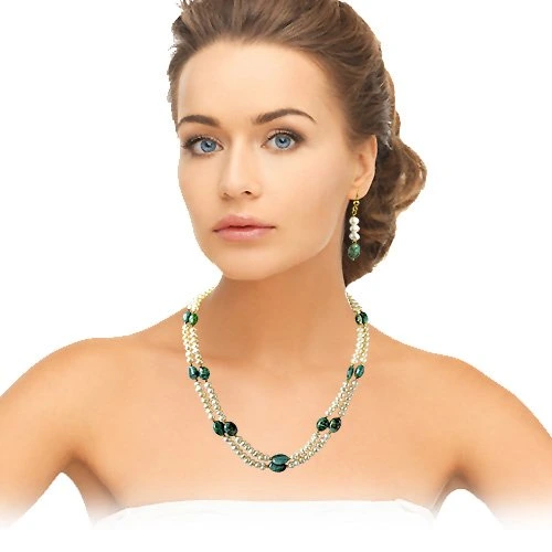 Real Oval Green Emerald & Freshwater Pearl 2 Line Necklace & Hanging Earring Set for Women (SN682)