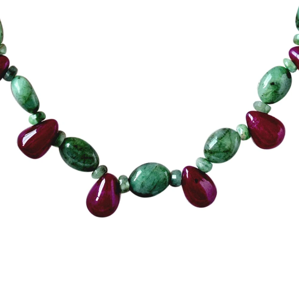 Single Line Real Natural Green Emerald & Drop Red ruby Necklace & Earring Set for Women (SN683)