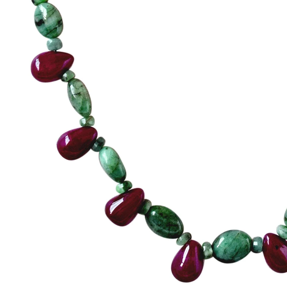 Single Line Real Natural Green Emerald & Drop Red ruby Necklace & Earring Set for Women (SN683)