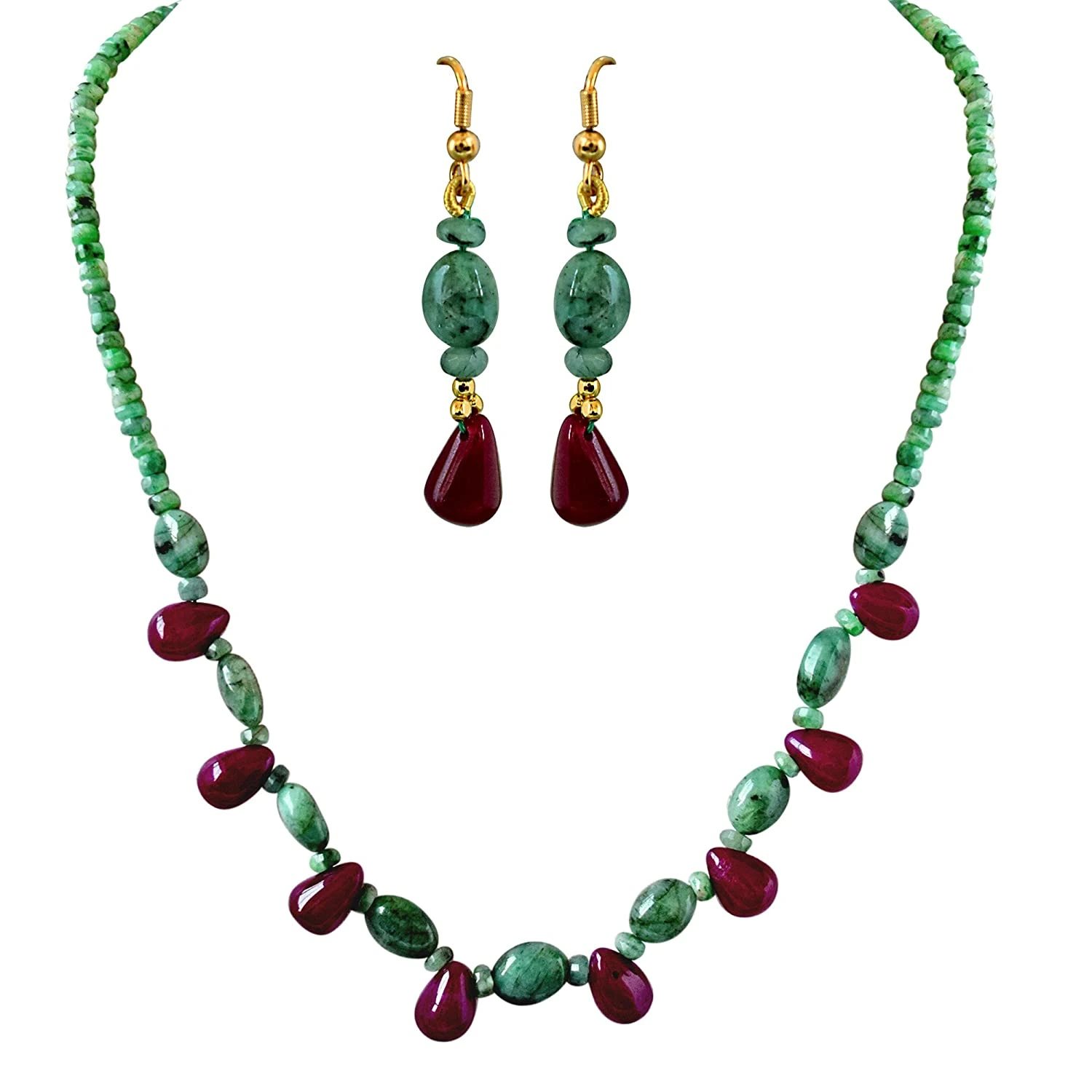 Single Line Real Natural Green Emerald & Drop Red ruby Necklace & Earring Set for Women (SN683)