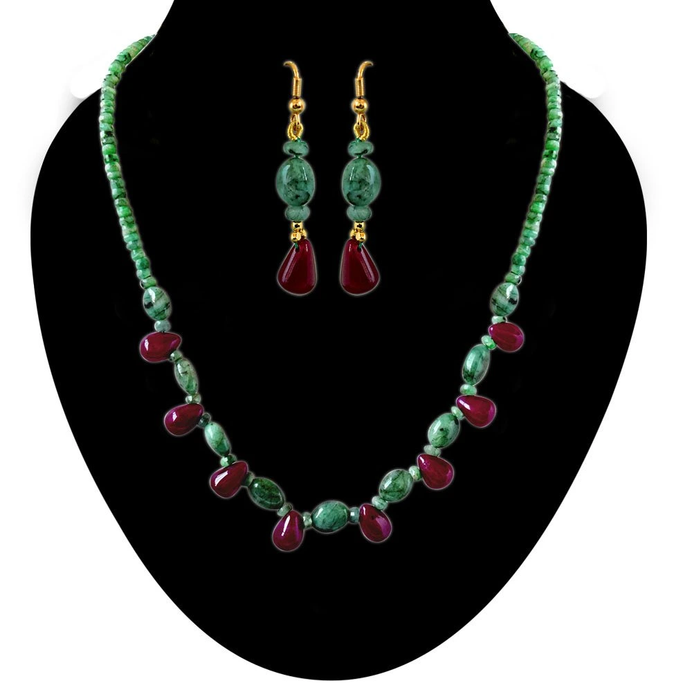 Single Line Real Natural Green Emerald & Drop Red ruby Necklace & Earring Set for Women (SN683)