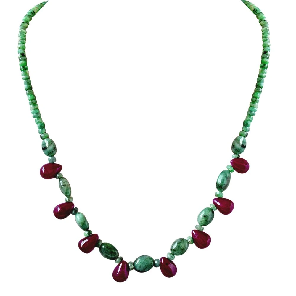 Single Line Real Natural Green Emerald & Drop Red ruby Necklace & Earring Set for Women (SN683)