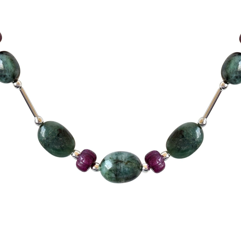 Single Line Real Natural Oval Emerald & Khabucha Ruby Beads & Silver Plated Pipe & Beads Necklace for Women (SN684)