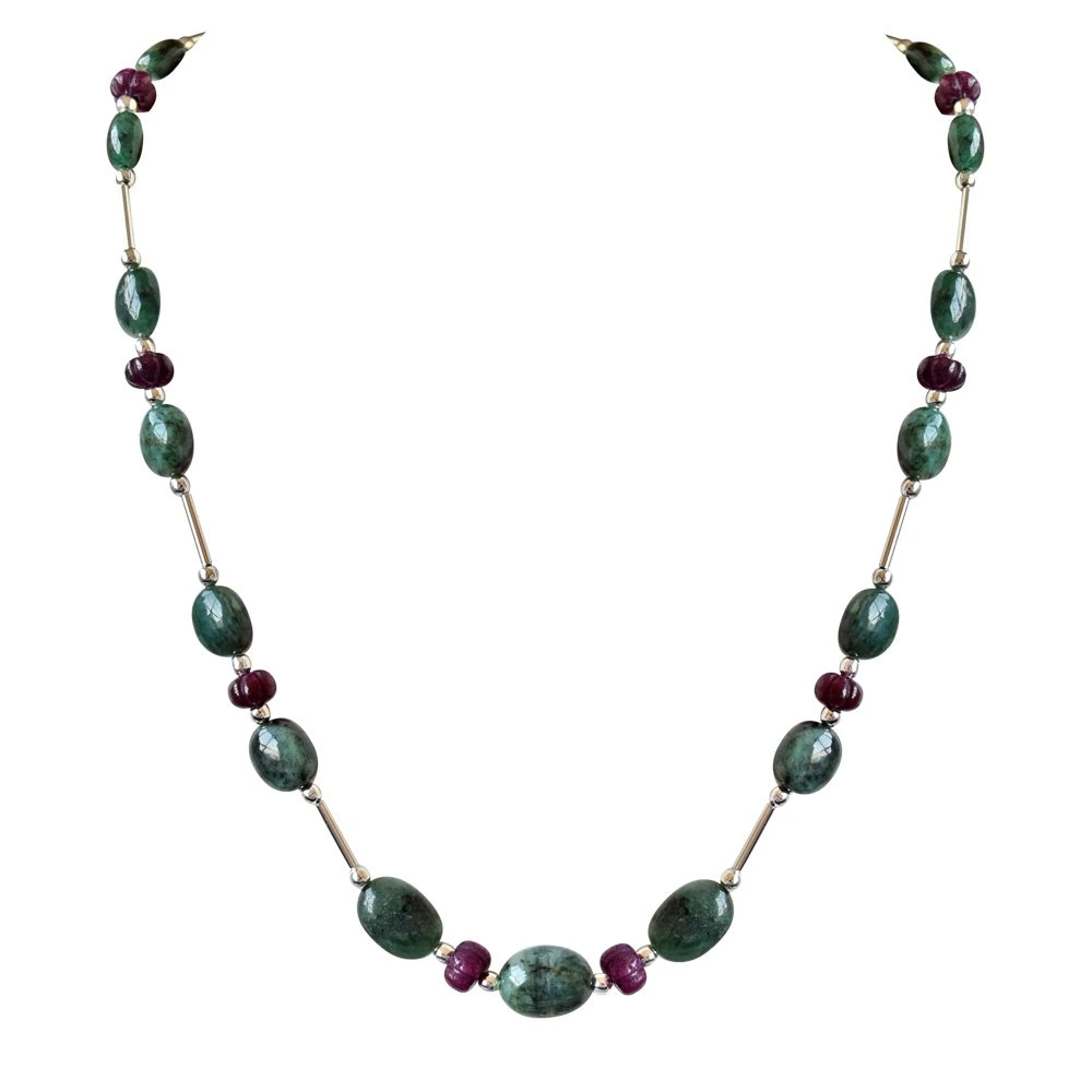 Single Line Real Natural Oval Emerald & Khabucha Ruby Beads & Silver Plated Pipe & Beads Necklace for Women (SN684)