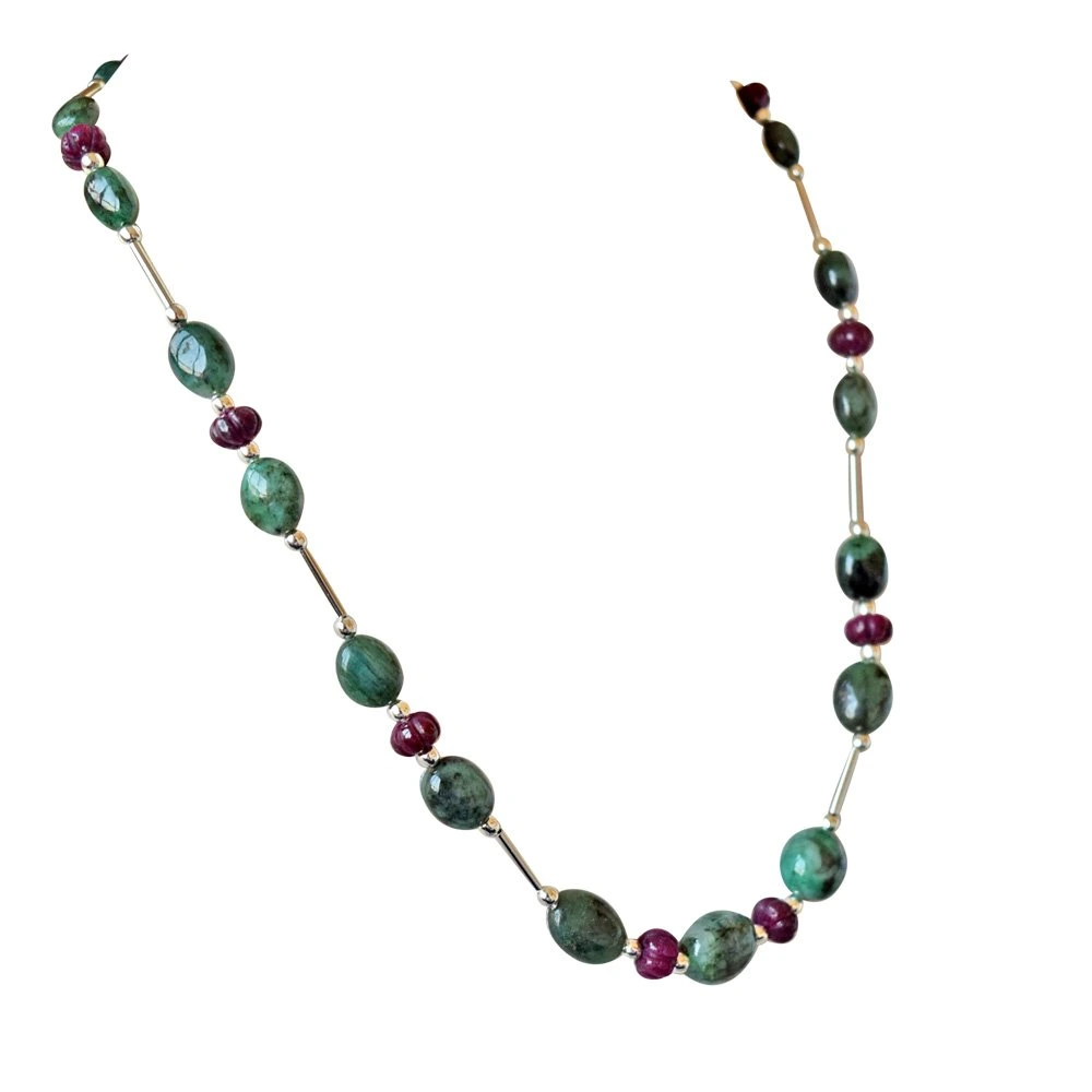 Single Line Real Natural Oval Emerald & Khabucha Ruby Beads & Silver Plated Pipe & Beads Necklace for Women (SN684)