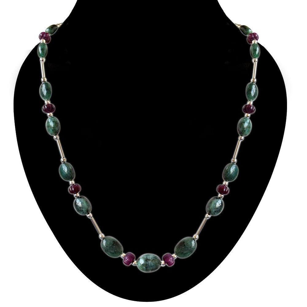 Single Line Real Natural Oval Emerald & Khabucha Ruby Beads & Silver Plated Pipe & Beads Necklace for Women (SN684)