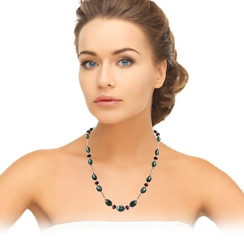 Single Line Real Natural Oval Emerald & Khabucha Ruby Beads & Silver Plated Pipe & Beads Necklace for Women (SN684)