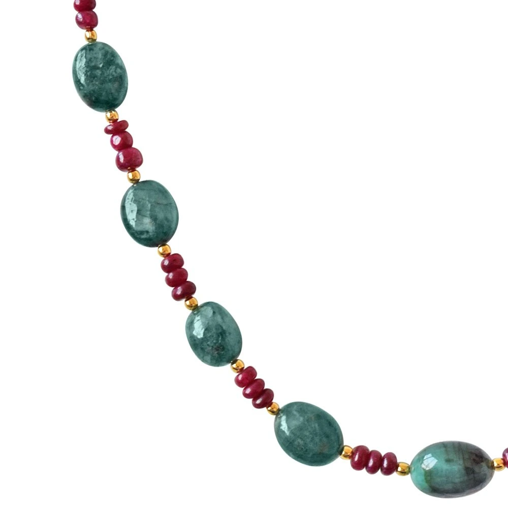 Single Line Real Oval Green Emeralds & Red Ruby Beads Necklace & Earring Set for Women (SN685)