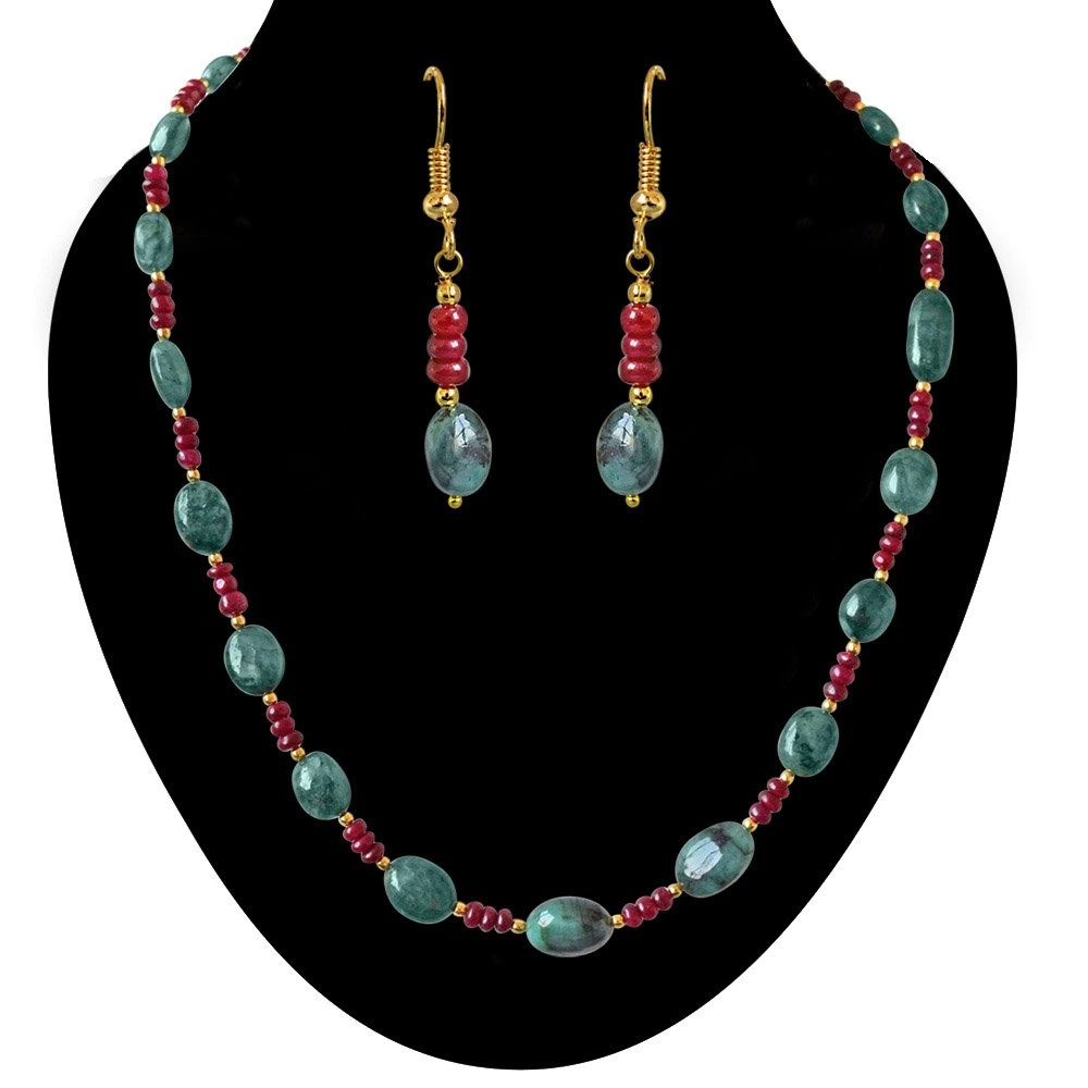 Single Line Real Oval Green Emeralds & Red Ruby Beads Necklace & Earring Set for Women (SN685)