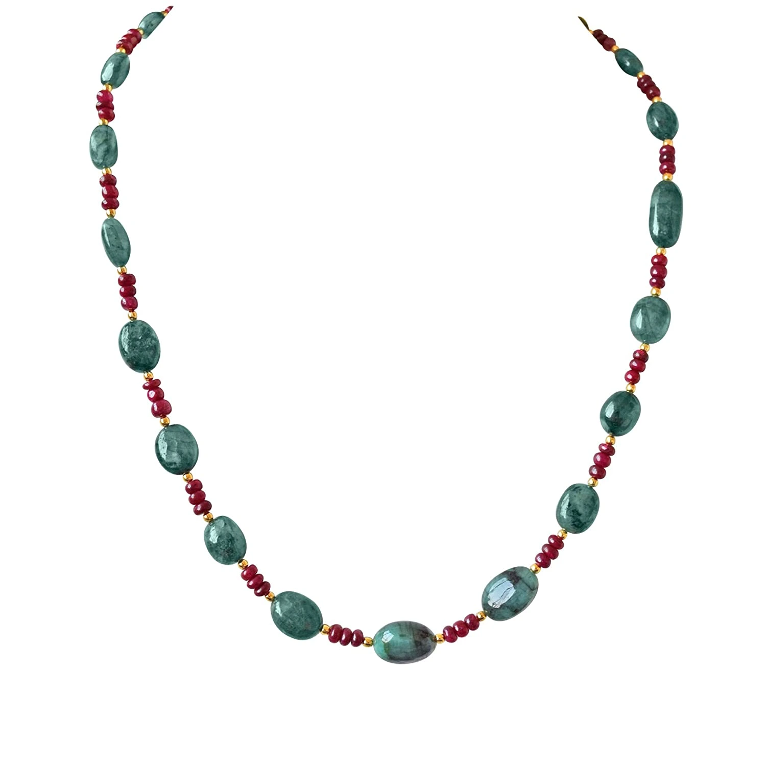 Single Line Real Oval Green Emeralds & Red Ruby Beads Necklace & Earring Set for Women (SN685)