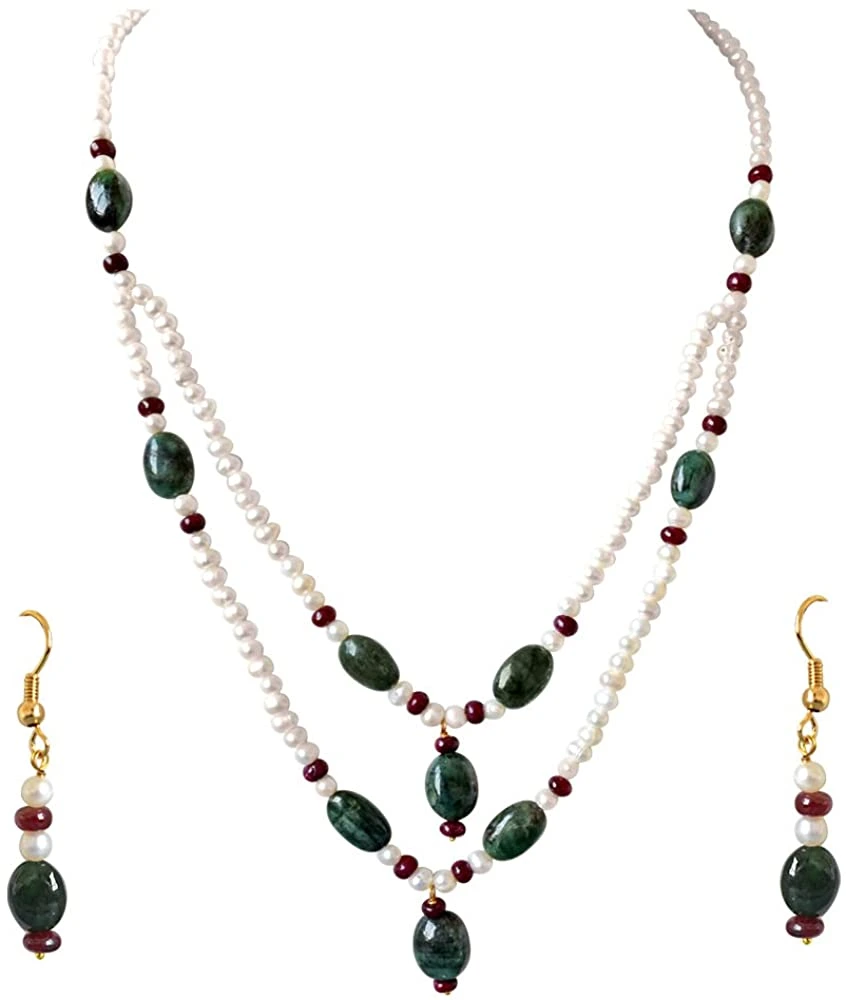 Real Oval Emerald, Ruby Beads & Freshwater Pearl Necklace & Earring Set for Women (SN686)