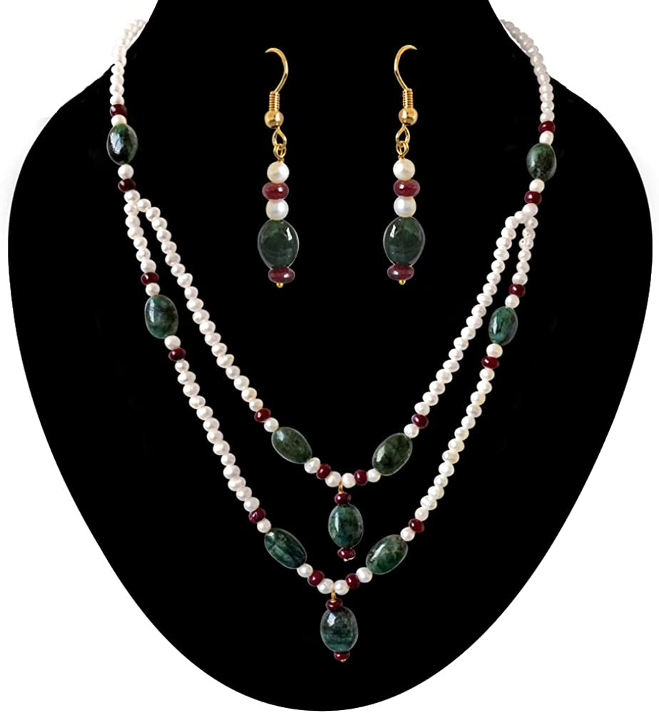 Real Oval Emerald, Ruby Beads & Freshwater Pearl Necklace & Earring Set for Women (SN686)