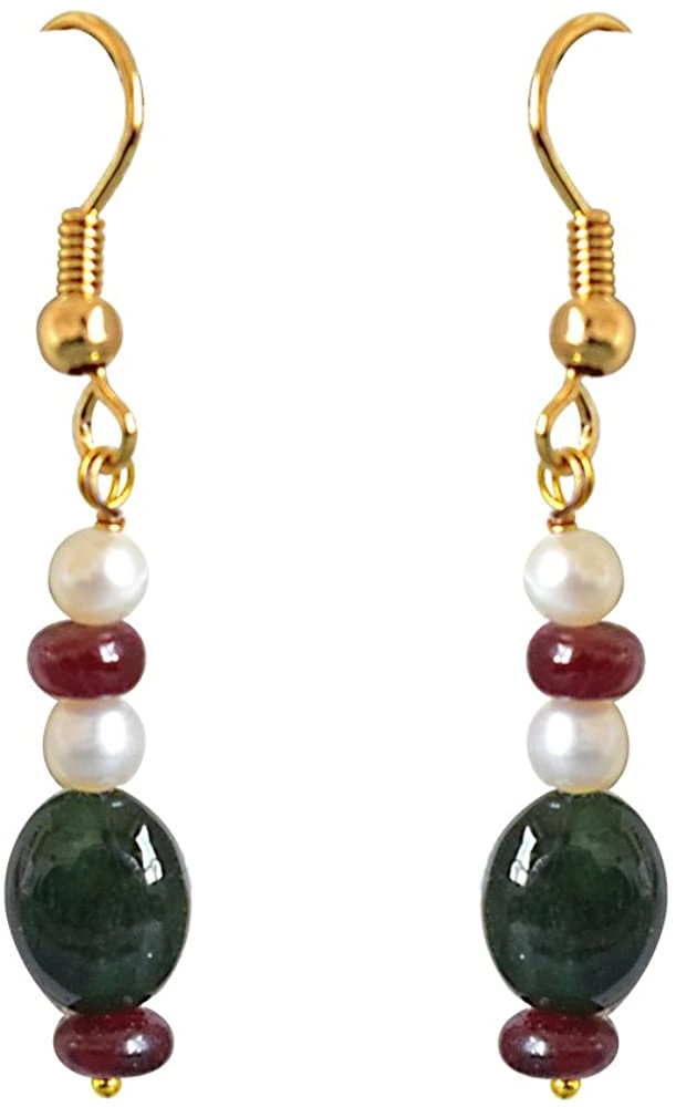 Real Oval Emerald, Ruby Beads & Freshwater Pearl Necklace & Earring Set for Women (SN686)