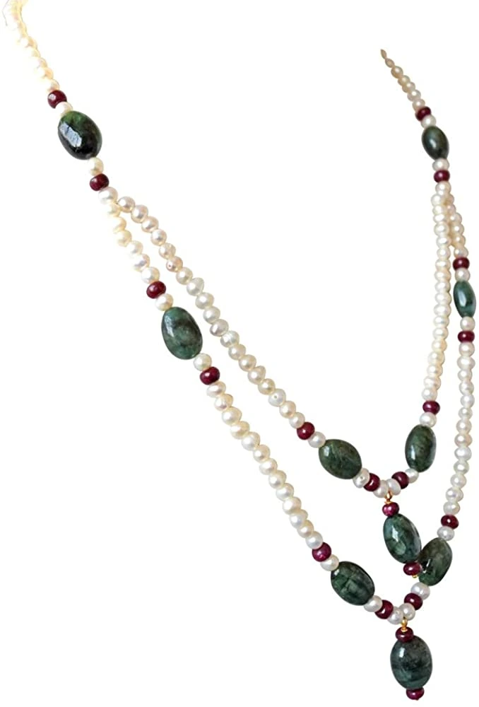 Real Oval Emerald, Ruby Beads & Freshwater Pearl Necklace & Earring Set for Women (SN686)
