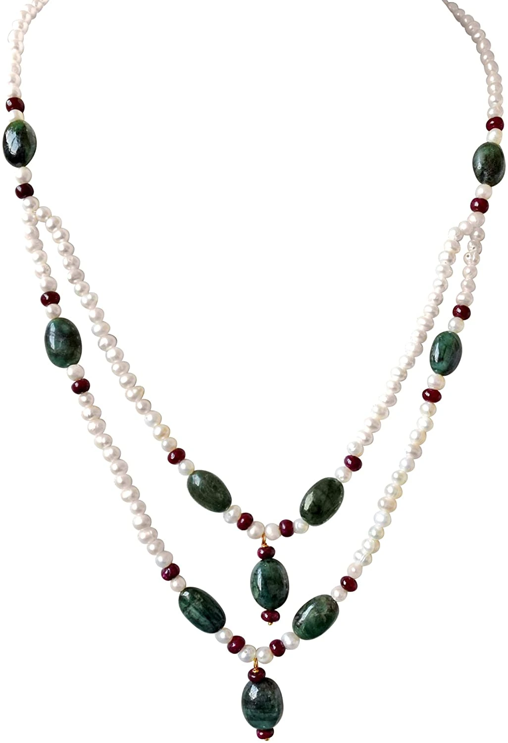 Real Oval Emerald, Ruby Beads & Freshwater Pearl Necklace & Earring Set for Women (SN686)