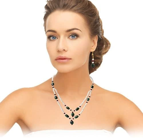 Real Oval Emerald, Ruby Beads & Freshwater Pearl Necklace & Earring Set for Women (SN686)