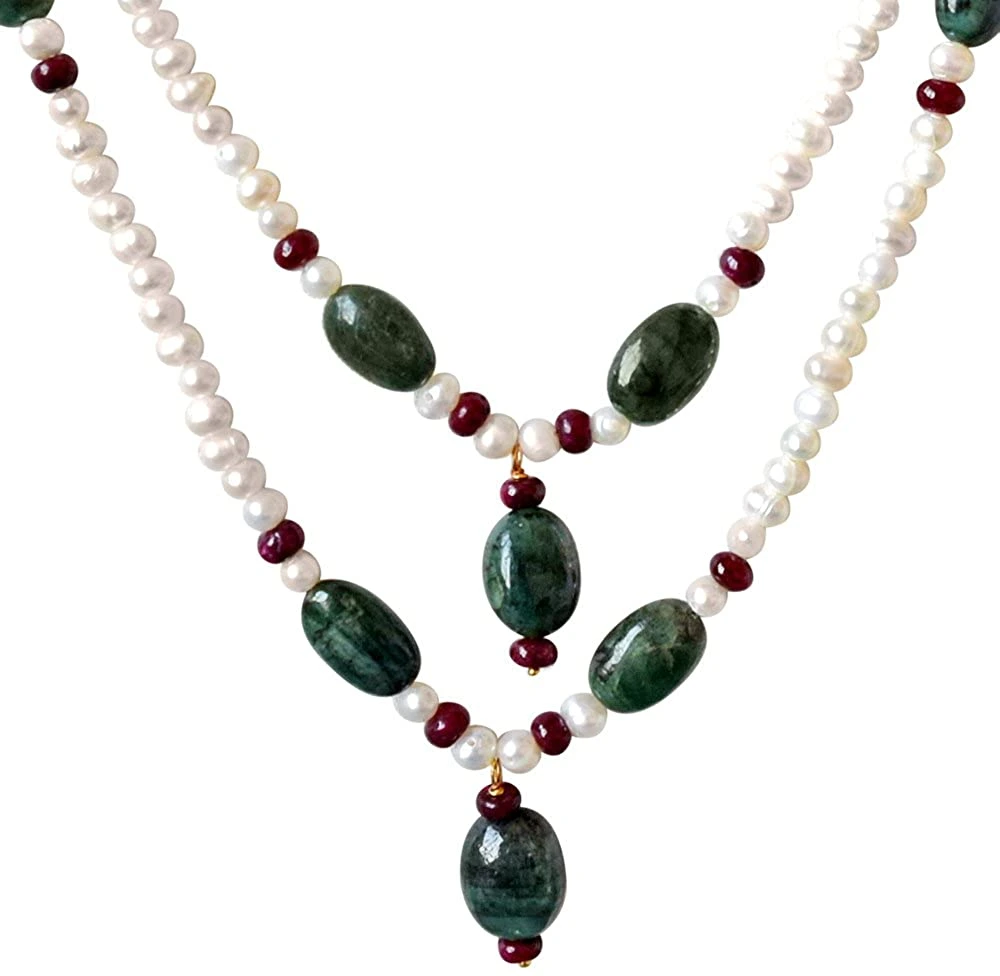 Real Oval Emerald, Ruby Beads & Freshwater Pearl Necklace & Earring Set for Women (SN686)