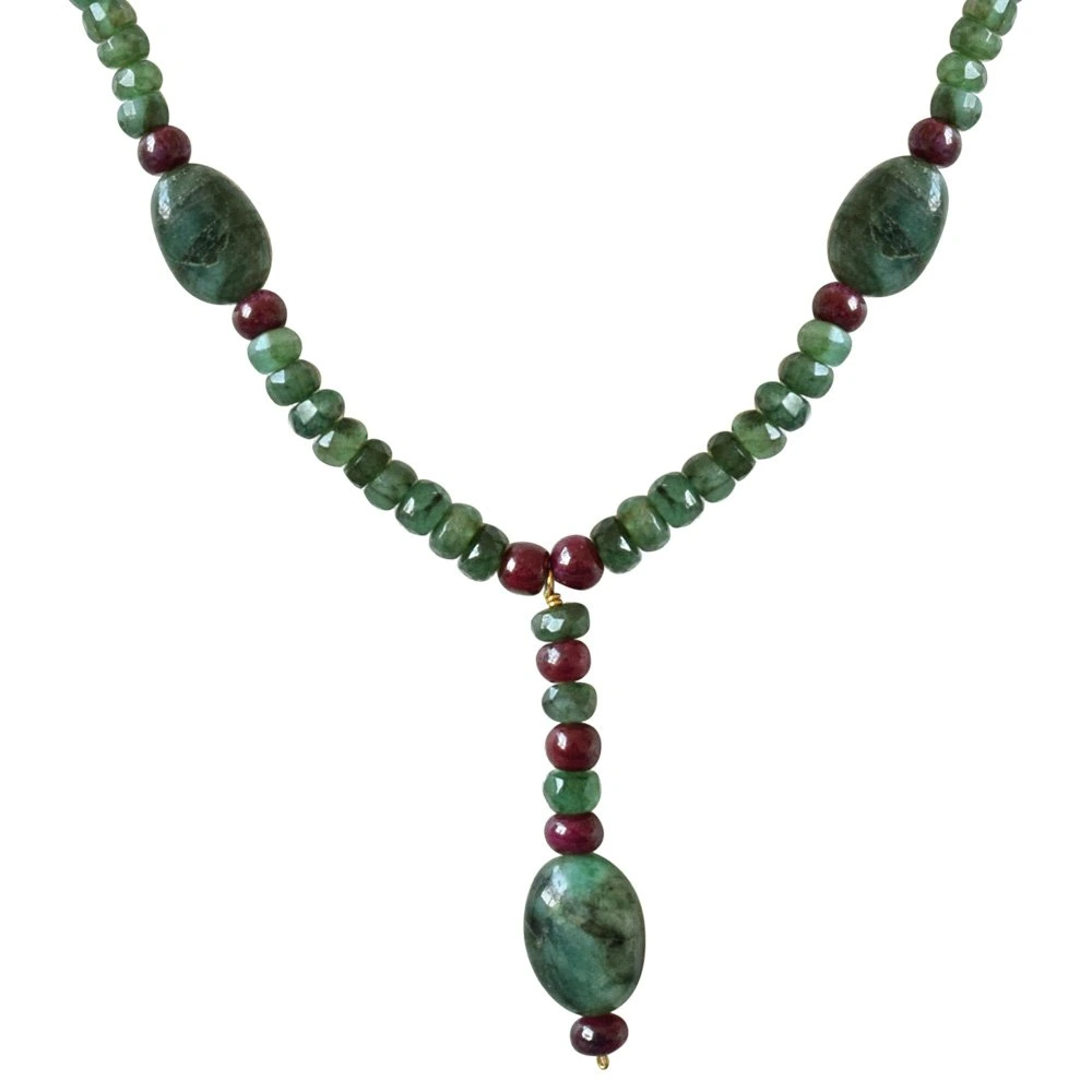 Real Oval Green Emerald, Beads & Ruby Beads Trendy Necklace & Earring Set for Women (SN687)