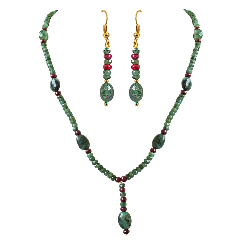 Real Oval Green Emerald, Beads & Ruby Beads Trendy Necklace & Earring Set for Women (SN687)