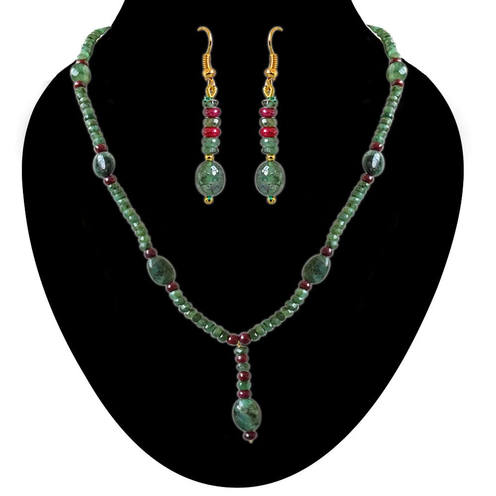 Real Oval Green Emerald, Beads & Ruby Beads Trendy Necklace & Earring Set for Women (SN687)