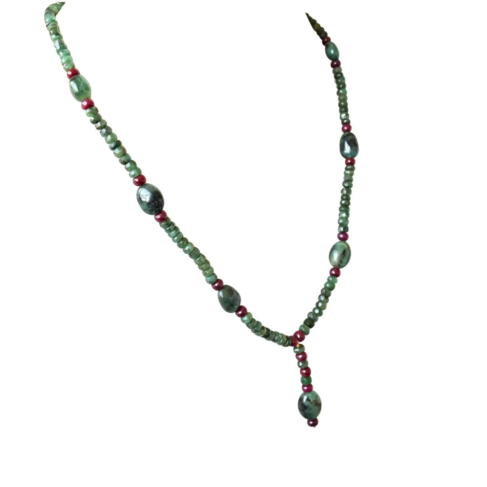 Real Oval Green Emerald, Beads & Ruby Beads Trendy Necklace & Earring Set for Women (SN687)