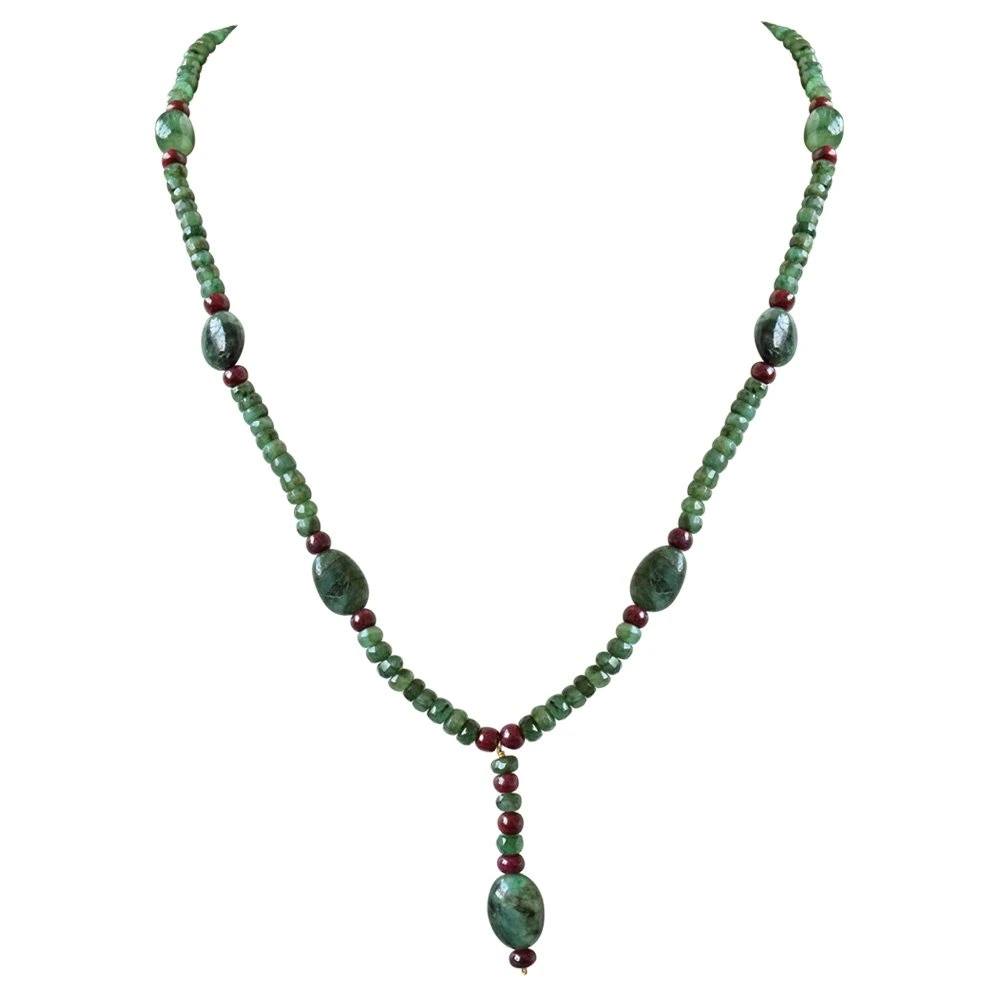 Real Oval Green Emerald, Beads & Ruby Beads Trendy Necklace & Earring Set for Women (SN687)