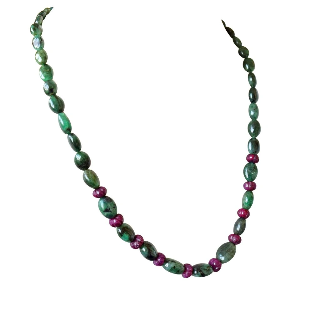 Single Line Real Oval Green Emerald & Flower Shaped Red Ruby Beads Necklace Earring Jewellery Set for Women (SN688)