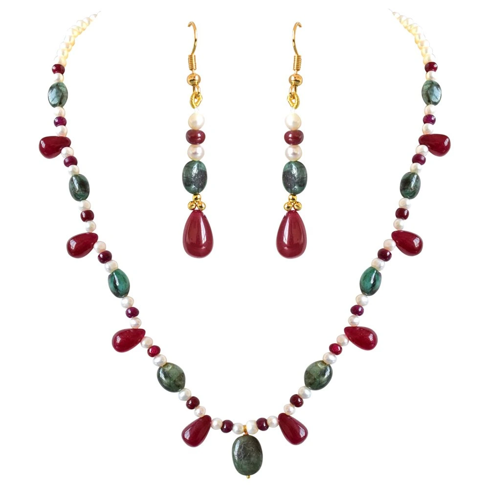 Real Oval Green Emerald, Red Drop Ruby & Beads & Freshwater Pearl Necklace Earring Set for Women (SN689)
