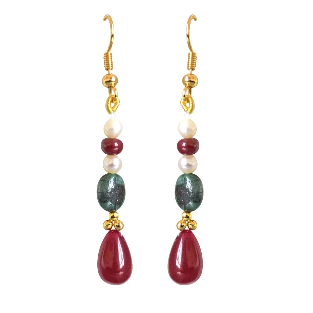 Real Oval Green Emerald, Red Drop Ruby & Beads & Freshwater Pearl Necklace Earring Set for Women (SN689)