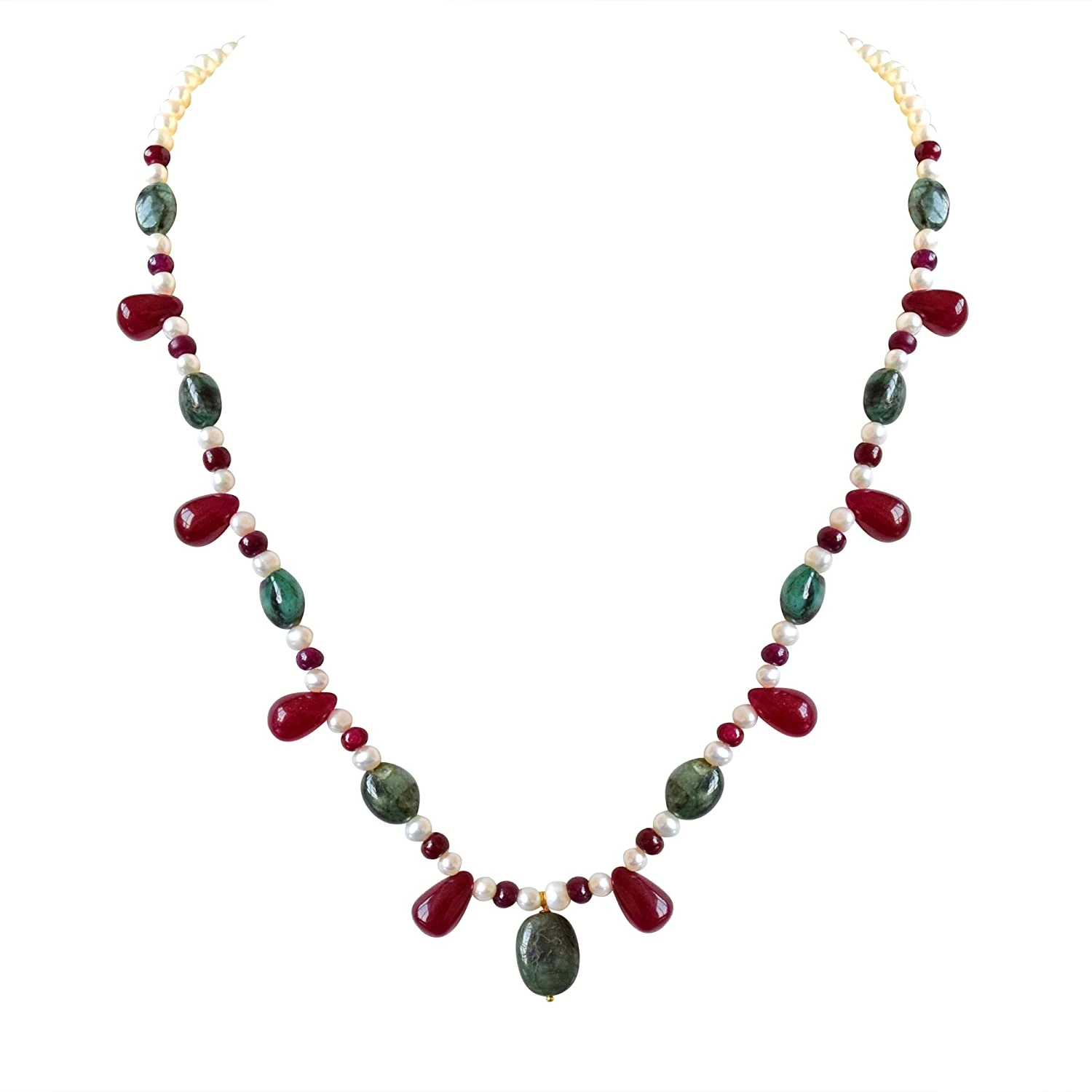 Real Oval Green Emerald, Red Drop Ruby & Beads & Freshwater Pearl Necklace Earring Set for Women (SN689)